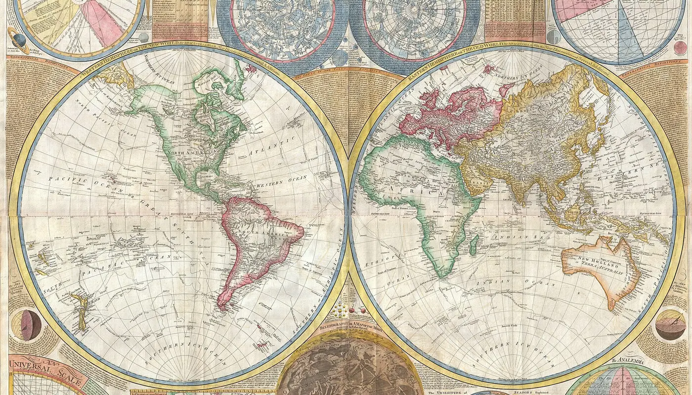 1794 Samuel Dunn Wall Map of the World in Hemispheres Geographicus World2 dunn 1794